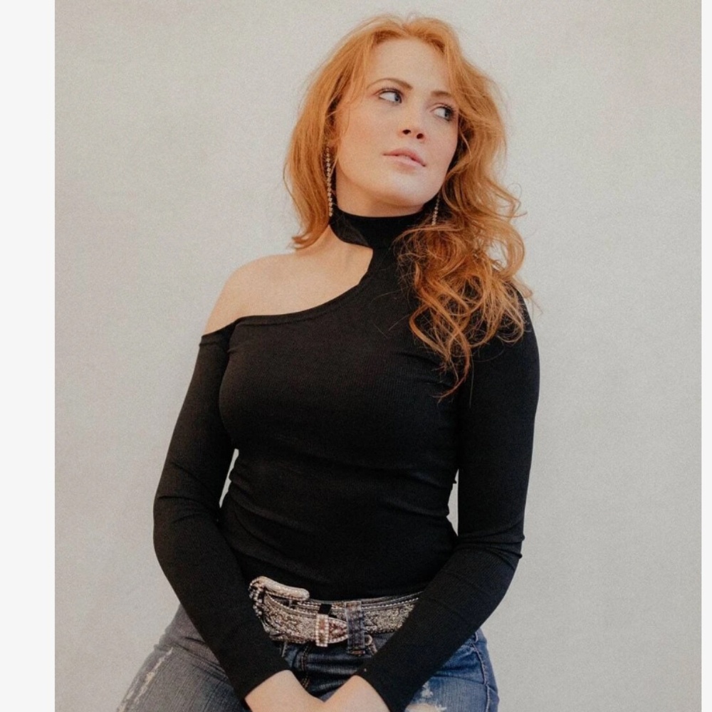 Black Off One Shoulder Asymmetrical Slim Fit Shirt Top Mock Neck - Picture 10 of 13